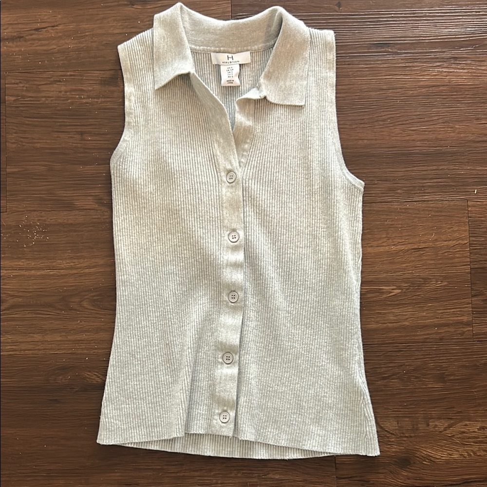 Halston Heritage Grey Fitted Button Down Shirt Notched Collar